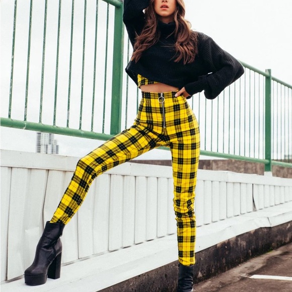 Motel Yellow Plaid Punk Pants XL - Picture 3 of 4